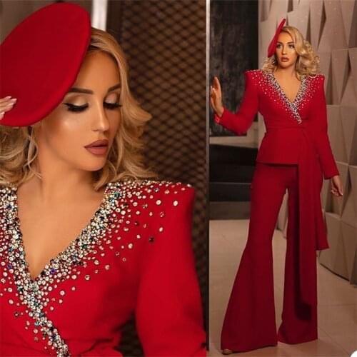 Luxury Crystal 2 Piece Women Suits High Qualit Beads Custom Made Red Suit With Belt Fashion Formal Lady Office Suits