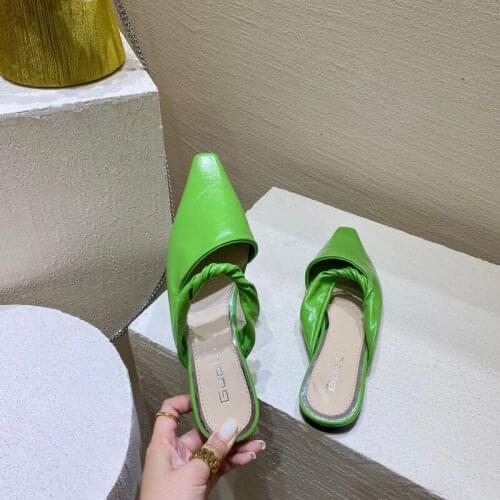 Pointed Sandals Womens Shoes Flat Shoes Women 2021 New Soft Leather Baotou Half Slippers Womens Outer Wear Women Shoes