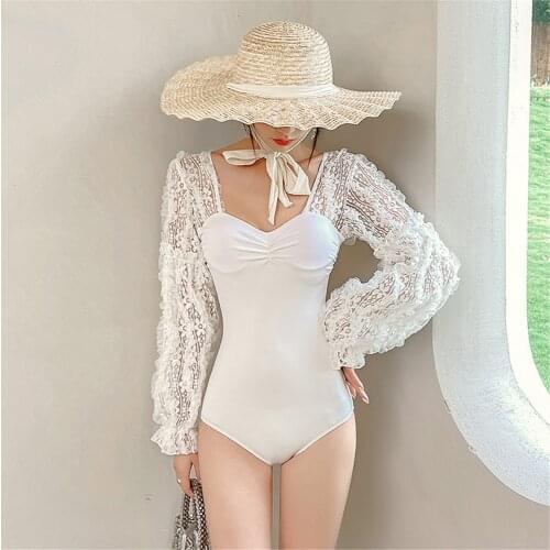 Sexy Lace Long Sleeve One Piece Swimsuit Women Solid White Swimwear Bandeau Monokini Chiffon Bathing Suit Pads Korea Lace Up