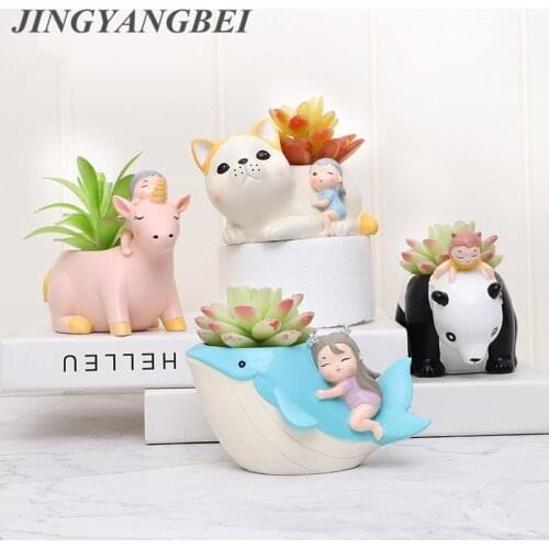 Resin Animal Vase Cartoons DIY Flower Pot Plants Succulent Planter Pot Bonsai Cactus Home Wedding Decoration Craft Elephant Cat