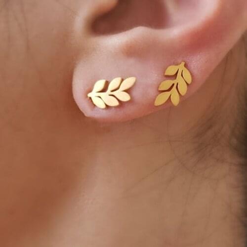 V Attract Stainless Steel Cute Leaf Stud Earrings Lady Jewelry Gold Bijoux acier Inoxydable Femme Pendiente