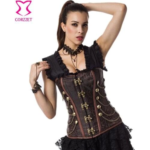 Vintage Brown Brocade Button Chain Steampunk Corset Corselet Plus Size 3XL Steel Boned Corsets and Bustiers Sexy Gothic Clothing