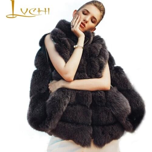 LVCHI Simple real fur fox Female waistcoats,Vintage Roman gray loose wide-waisted Bat sleeved Genuine fur coat,new furs vest