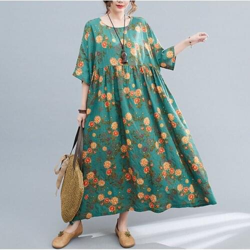 Women Dress 2021 Summer Plus Size Ladies Sweet Floral Maxi Dress Korean Short Sleeve Cotton Linen Retro Large Size Dress Vestido