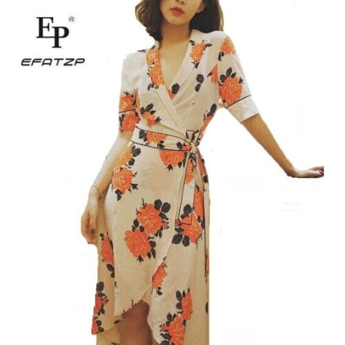 EFATZP 2018 Summer Women Floral Print Wrap Dresses Robe Femme Ete Ladies Midi Beach Dress