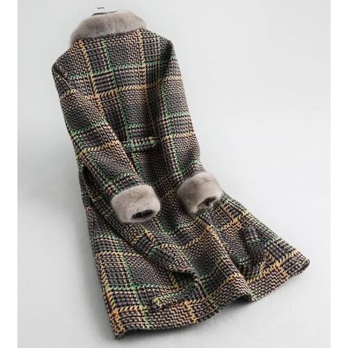 Real Coat Long Lamb Tweed Plaid Wool Jacket Mink Fur Collar Korean Women Winter Coats 2020 KQN52782