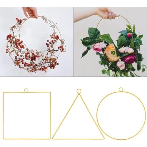 Gold Geometric Floral Iron Metal Hoop Wreath Garland Floral Wreath Handmade Flowers Metal Hoop Wedding Hanging Home Decoration