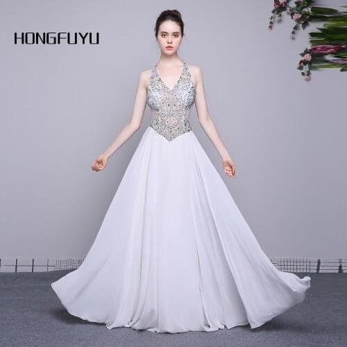 100% Real Photo Halter Sleeveless Chiffon A Line Long Prom Dresses 2019 White Beaded Backless Floor Length Prom Dress SMLA030