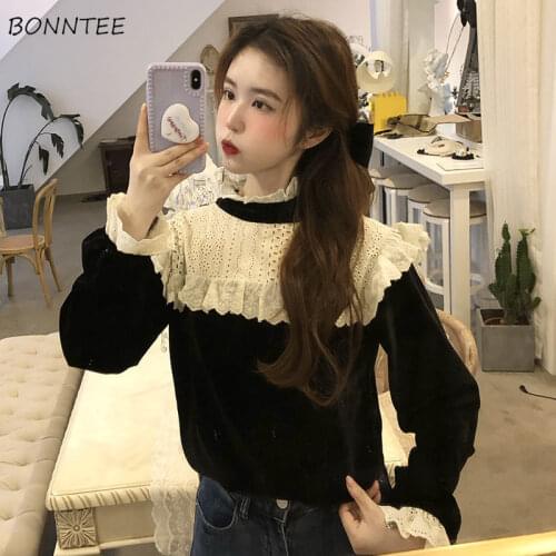 Blouses Women Turtleneck Lace Patchwork Loose Autumn Korean Style Trendy French Retro Velour Temperament All-match Lady Shirts