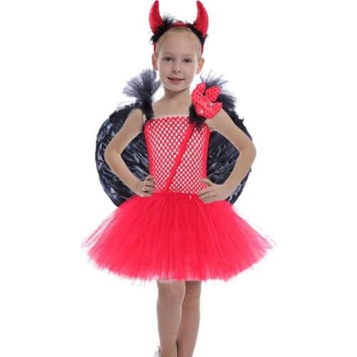 Girls Red Devil Christmas Tutu Dress Halloween Dark Witch Villain Cosplay Costume For Kids Girl Happy Purim Birthday Party Gowns