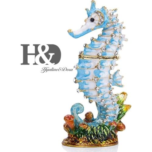 H&D Hinged Metal Trinket Box Hand Painted Bejeweled Sea Animal Jewelry Boxes Ring Holder Wedding Decor Collectibles (Seahorse)