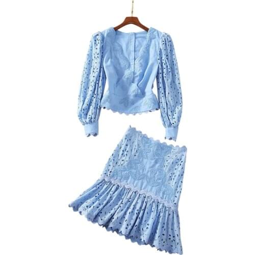 Cotton And Linen Women Clothes Two Pieces Set Ladies Outfits Folded V-Neck Lantern Sleeve Crop Top Blouses + Mermaid Mini Skirt