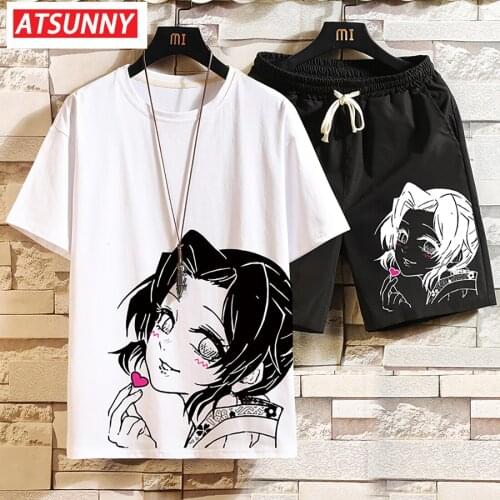 ATSUNNY Demon Slayer Kochou Shinobu Print Harajuku shirt sets Hip Hop Men Casual shirts set Summer Fashion Short Sleeve Sets