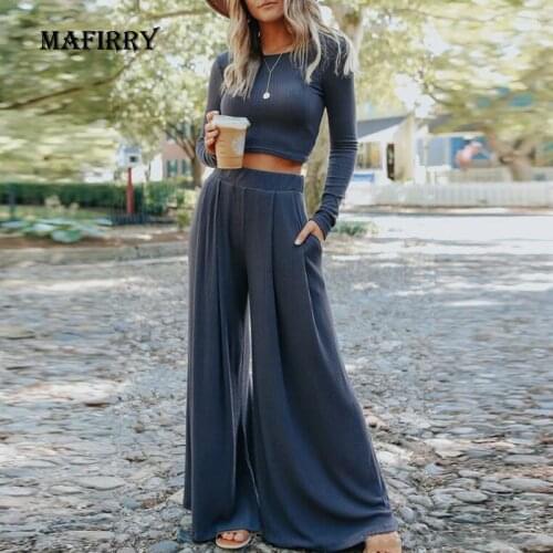 New Women Knitted Solid Long Sleeve Wide Leg Pants 2PCS Suits Casual Spring Autumn Short Top Elastic Waist Sets Loose Streetwear