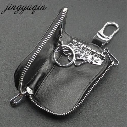 Jingyuqin Leather Car Key Wallets Men Key Holder Housekeeper Keys Organizer Women Keychain Covers Zipper Key Case Bag