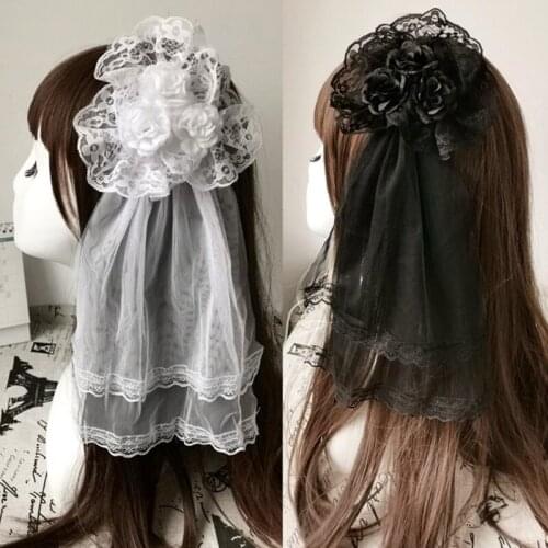 Girls Cosplay Lace Veil Rose Hairpin Barrette Lolita Gothic Headpiece Flower Side Pin Halloween Party Decoration