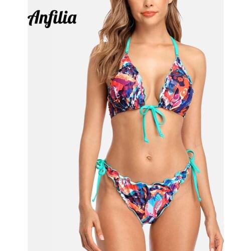 Anfilia Women Bikini Set Floral Print Swimsuit Halter Lace Swimwear Side Bandaged Sexy Push Up Beachwear