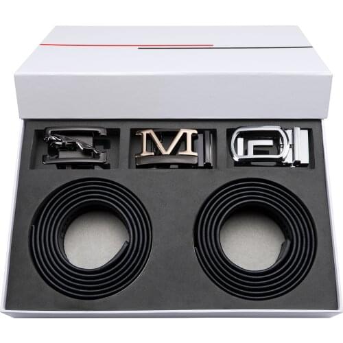 Mens Leather Alloy Automatic Buckle Jeans Belt Brand Belts Luxury Cowhide Male Strap With 3 Buckles Box Set Gift DiBanGu