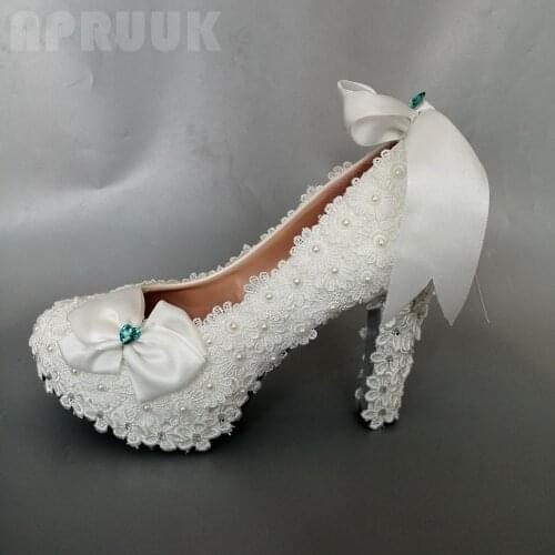 New arrival 2020 high heels platforms lace pumps shoes woman bride wedding party pumps lace blue diamond pearls plus size shoe