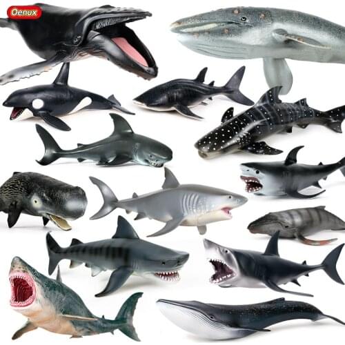 Oenux Classic Marine Animals Simulation Sperm Whale Megalodon Ocean Sealife Big Shark Model Action Figures PVC Education Kid Toy
