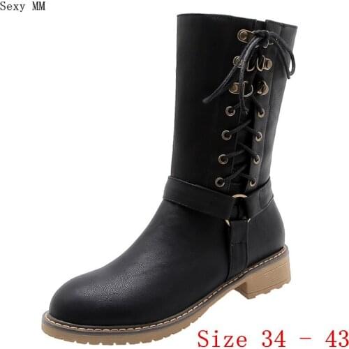 Autumn Women Low Med Heels Mid Calf Boots Booties Motorcycle Shoes Woman Low Heel Short Boots Plus Size 34 - 40 41 42 43