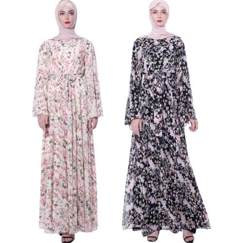 Muslim Women Floral Printed Flare Sleeve Long Maxi Dress Abaya Party Gown Jilbab Kaftan Chiffon Loose Swing Dresses Long Sleeve