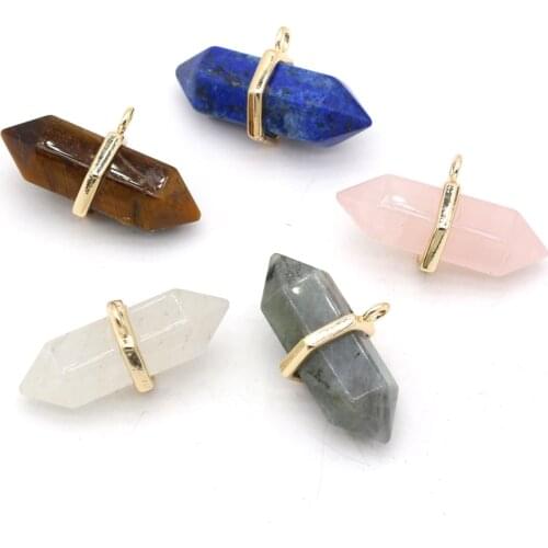 Natural Stone Rose Pink Quartz Tiger Eye Pendant Columnar Crystal Pillar Charms for DIY Jewelry Making Necklace Size 17x35mm