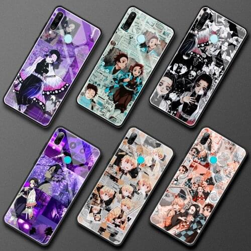Glass Case for Huawei P30 Lite P40 Pro P20 P Smart Z Honor 30 9X 8X Y7 Y9 2019 Movil Luxury Smartphone Cover Demon Slayer Anime