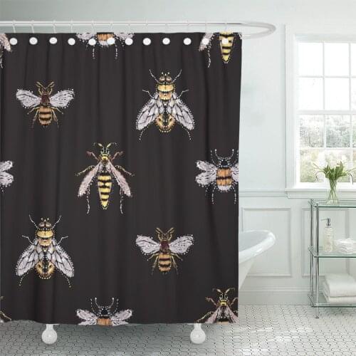 Rhinestones Yellow Fly Big Honey Bee Wasp Small Funny Crystal Patch with Insects on Black Shower Curtains Waterproof Polyester