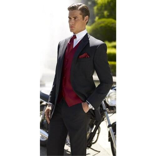 Groom wedding suits balck jacket red vest men wedding suits slim three-piece the groomsman/groom suits (jacket+pants+vest+tie)
