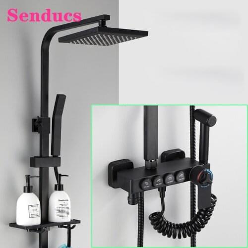 Bathroom Shower Set of 8 Inch Rainfall Shower Head Solid Brass Bathroom Bathtub Mixer Faucet Matte Black Thermostatic Shower Set