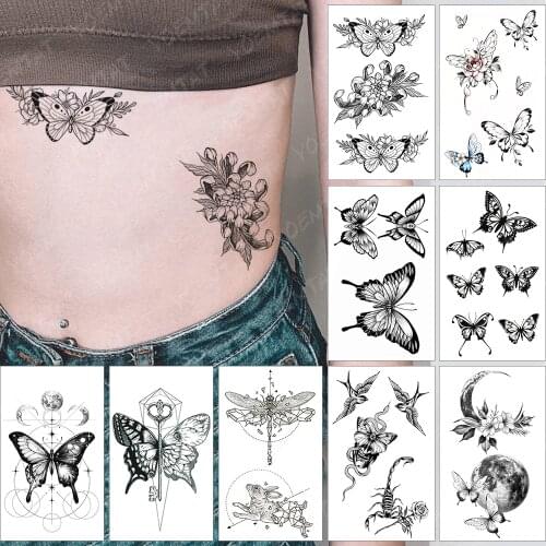 Waterproof Temporary Tattoo Sticker Dark Sexy Butterfly Totem Flowers Old School Flash Tatoo Fake Tatto For Body Art Women Men
