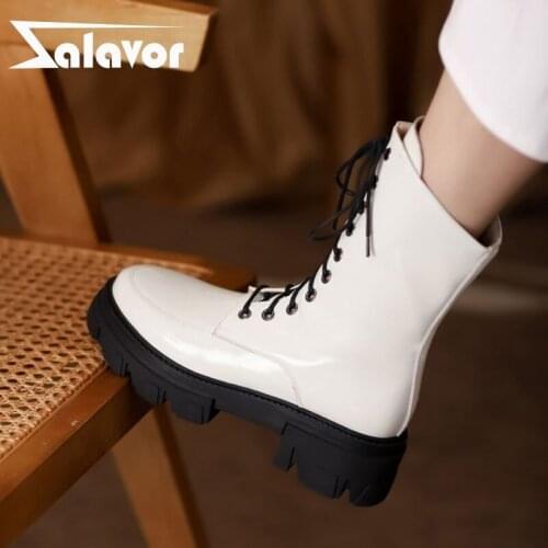 Zalavor 2022 Women Real Leather Ankle Boots Shoes Low Heels Lace Up Winter Warm Short Boot Cool Ladies Footwear Size 34-41