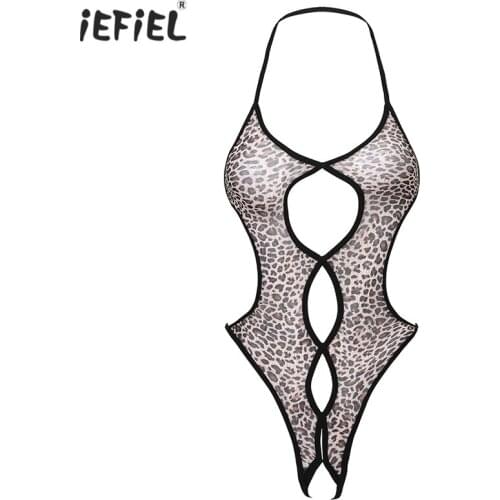 Womens Lingerie Halter Neck Crotchless Bodysuit Babydolls Underwear Hollow Out See-through Mesh Open Crotch Jumpsuits Nightwear