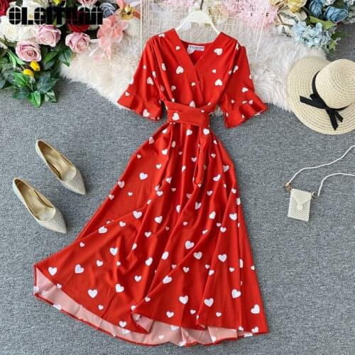 Women Summer Dress Slim Vintange Short Sleeve V-Neck Temperament Dress Printed Belt High Waist Ladies Beach Party Dress