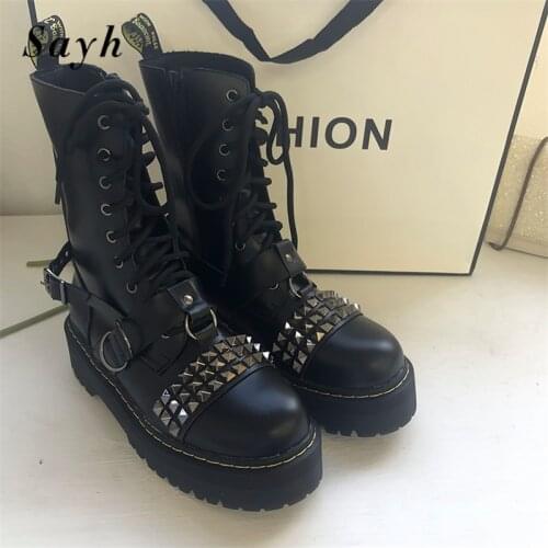 2020 Fashion Platform Women Boots Black Leather Platform Ankle Boots Luxury Brand Design Rivet Studded Punk Motorcycle Boots