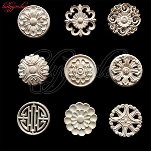4CM Flower Wood Carving Decorative Wood Appliques for Furniture Cabinet Unpainted Wooden Mouldings Decal Decorative Figurine