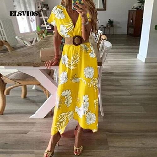 ELSVIOS Summer Floral Print V-neck Dress Women 2019 Vintage Short Sleeve Boho Long Dresses Sexy Buttons Sashes Beach Party Dress