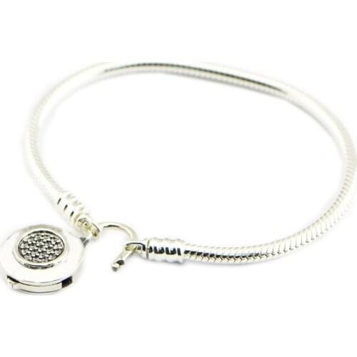 Moments Smooth Bracelets with Signature Padlock & Clear CZ 100% 925 Sterling Silver Jewelry Free Shipping