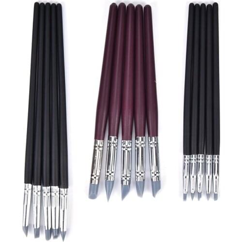 5Pcs Silicone Head Wooden Handle Painting Brushes For 3D Effect Shaping Drawing Tools Nail Art Sculpture Carving Pen Kit