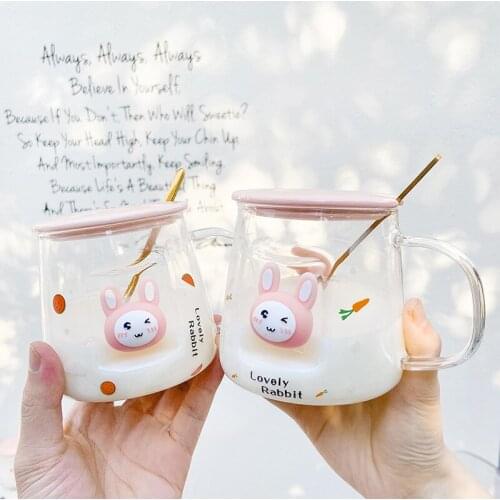 500ml Cute Cartoon Rabbit Breakfast Milk Mugs Modern Fashion Glass Cup with Lid Spoon Creative Girl Office Flower Tea Mug