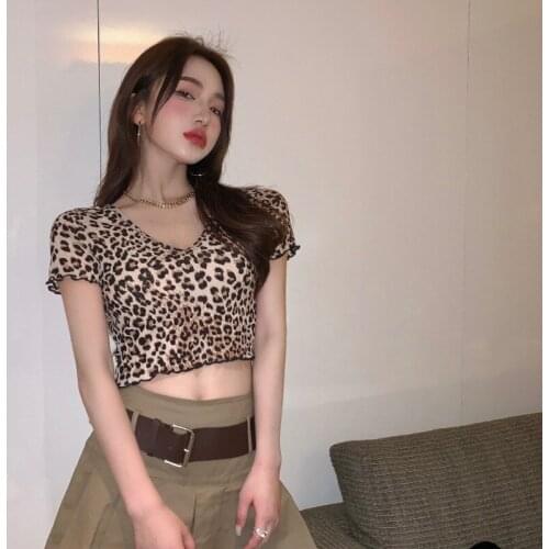 Leopard V-neck Y2k Top Ladies Slim Summer Style Sexy Club Skinny Tees Korean Clothes Fashion 2021 Woman Tshirts Hipster
