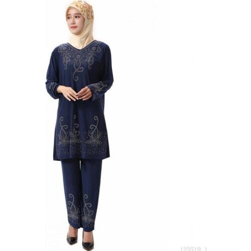 Muslim Womens Pakistani Two-piece Set Crystal Cotton Hot Rhinestone Islamic Womens Worship Service Abaya Dubai 2021