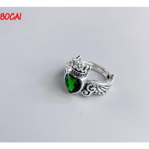 New 925 sterling silver crown wings love ring female retro simple emerald all-match fashion jewelry