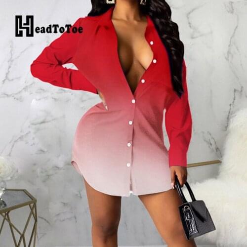 Gradient Print Button Casual Fashion Shirts Dress Women Full Sleeve Turn Down Collar Straight Above Knee Mini Dress for Woman