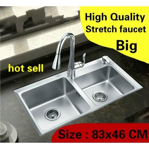 Free shipping Home wash vegetables vogue high quality stretch faucet kitchen double groove sink 304 stainless steel 830x460 MM