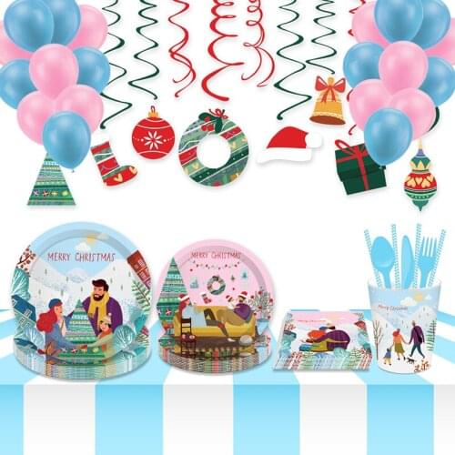Christmas Theme Disposable Tableware Set Cartoon Paper Plates Cups New Year Carnival Party Decor Birthday Wedding Supplies