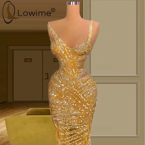 Sexy See Through Golden Mermaid Evening Dresses 2021 Luxury Heavy Beading Prom Party Gowns Long Formal Dresses
