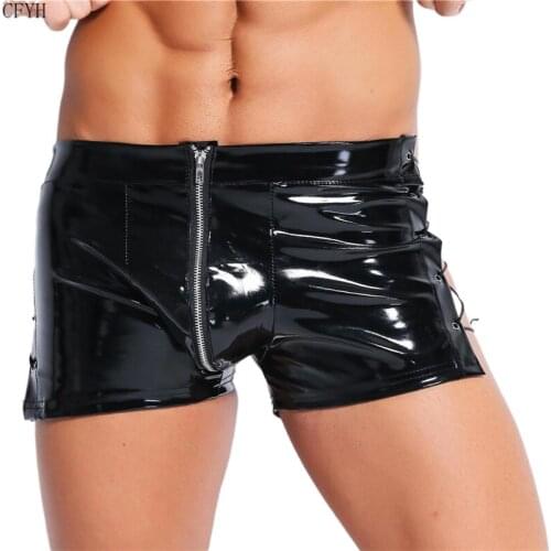 Mens Black Bandage Lingerie Wetlook Faux Leather PVC Patchwork Zipper Crotch Low Rise Boxer Sexy Men Erotic Underwear Panties