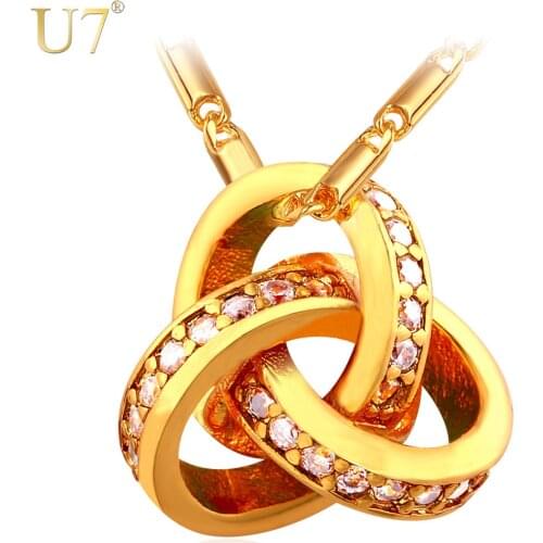 U7 Fashion Celtic Jewelry Zirconia Triquetra Trendy Gold Color Crystal Trinity Knot Necklace Pendant For Women Wholesale P666